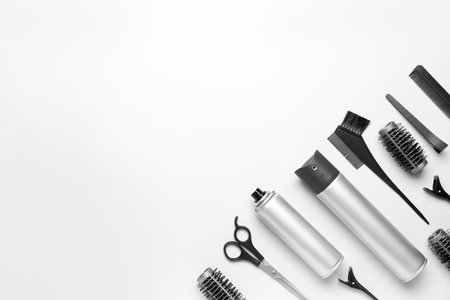 Hair sprays with brushes and scissors on white backgroundの写真素材
