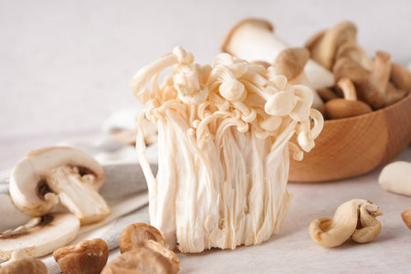 fresh ripe mushrooms on light backgroundの写真素材