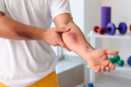 Sporty man with bruises on body training in gym, closeupの写真素材