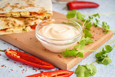 Wooden board with bowl of tasty chipotle sauce on tableの写真素材