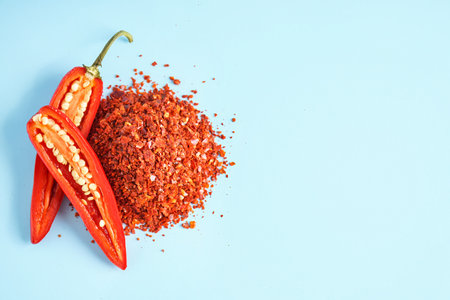 Heap of chipotle chili flakes and fresh jalapeno pepper on color background