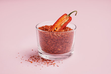 Bowl of chipotle chili flakes on pink background