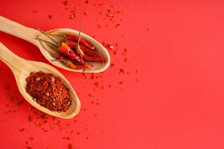 Spoons with chipotle chili flakes and dried peppers on red backgroundの写真素材