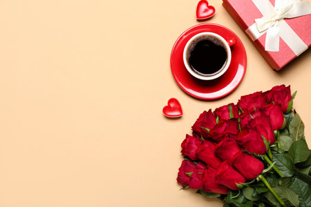 Red roses, cup of coffee, candles and gift on color background. Valentine's Day celebrationの写真素材