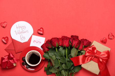 Card with text HAPPY VALENTINE'S DAY, cup of coffee, roses and gifts on red backgroundの写真素材