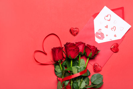 Roses, hearts and letters with lipstick kisses on red background. Valentine's Day celebrationの写真素材