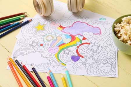 Coloring picture, popcorn, headphones and pencils on wooden background