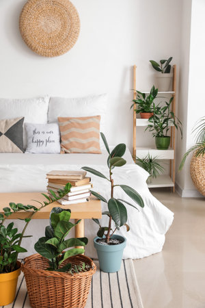 Interior of modern bedroom in eco styleの写真素材