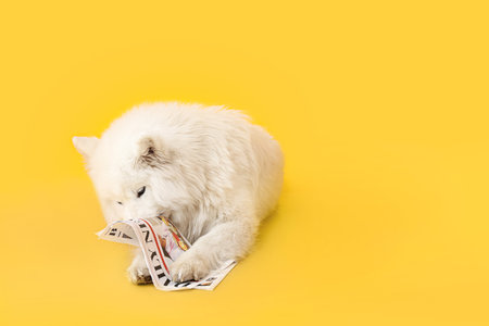 Cute Samoyed dog with newspaper on color backgroundの写真素材