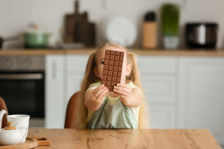 Cute little girl with chocolate in the kitchenの写真素材