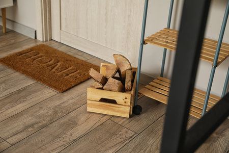Box with firewood on floor in roomの写真素材