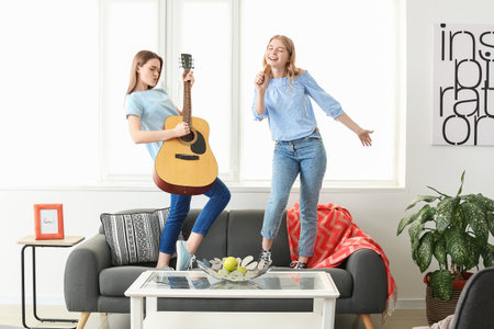 Happy young sisters having fun at homeの写真素材