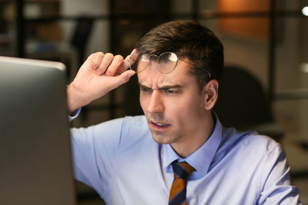 Stressed businessman working in office late at nightの写真素材