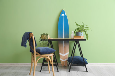 Interior of modern room with surfboardの写真素材