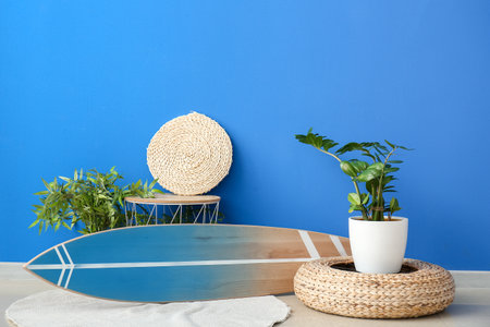 Interior of modern room with surfboard