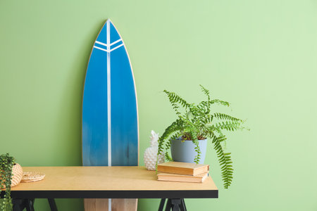 Interior of modern room with surfboard