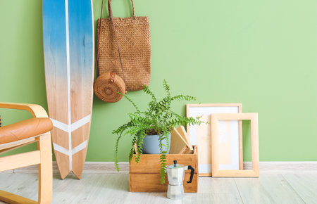 Interior of modern room with surfboardの写真素材