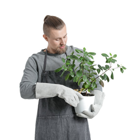 Young male gardener on white backgroundの写真素材