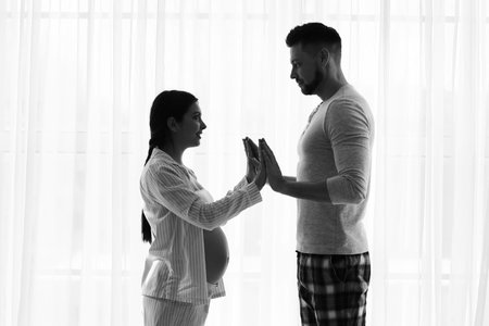 Young pregnant couple near window at home, black and white effect