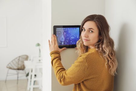 Woman using smart home security system control panelの写真素材