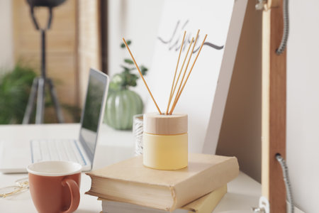 Reed diffuser with books on table in room