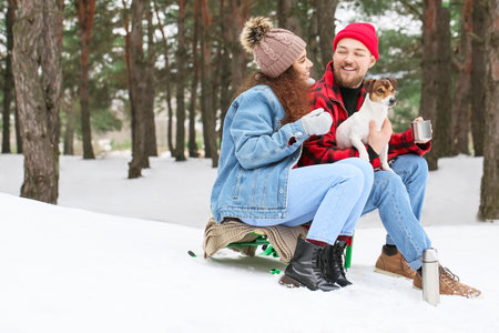 Happy young couple with dog in forest on winter dayの写真素材