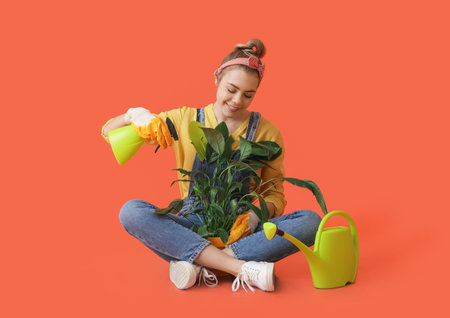Young female gardener on color backgroundの写真素材