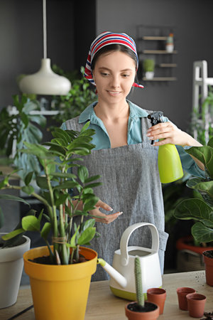 Young woman taking care of her plants at homeの写真素材