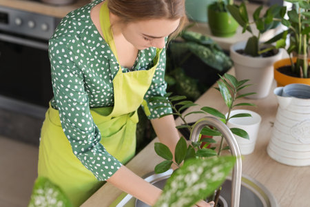 Young woman taking care of her plants at homeの写真素材