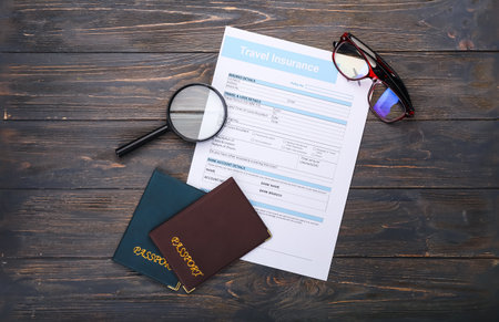 Composition with travel insurance and passports on dark wooden backgroundの写真素材