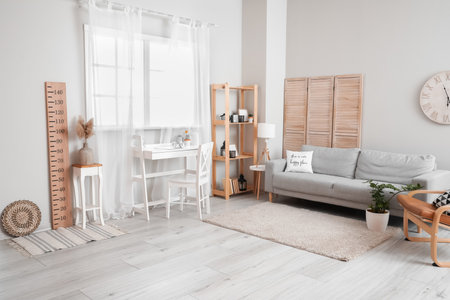 Interior of modern living room with wooden stadiometerの写真素材