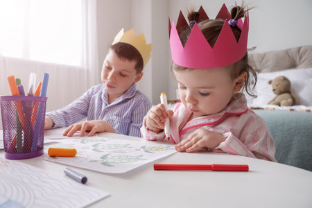 Cute little children drawing in bedroomの写真素材