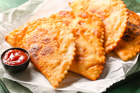 Parchment with tasty chebureks and sauce on table, closeup