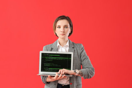 Female programmer with laptop on color background