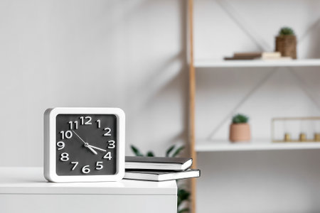 Clock with books on table in roomの写真素材