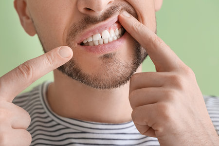 Man suffering from toothache on color background, closeup