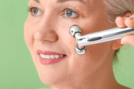 Mature woman with facial massage tool on color background