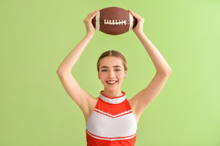 Beautiful cheerleader with rugby ball on color backgroundの写真素材