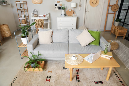 Interior of modern room with stylish sofa and laptop on table