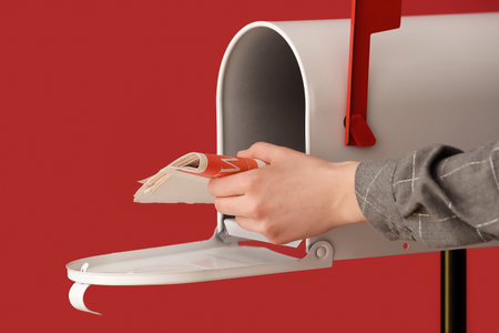 Woman getting newspaper from box on color background