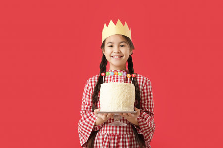Cute little girl with birthday cake on color background