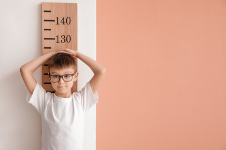 Little boy measuring height near color wallの写真素材