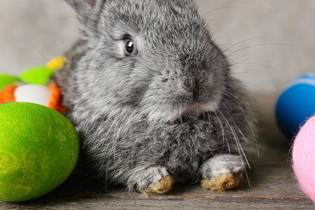 Cute rabbit and Easter eggs on table, closeupの写真素材
