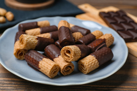 Plate with tasty wafer rolls and chocolate on wooden background, closeupの写真素材