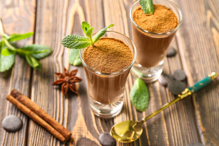 Shots of delicious chocolate pudding with cinnamon and mint on wooden tableの写真素材