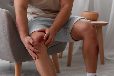 Man with bruises on his body at home