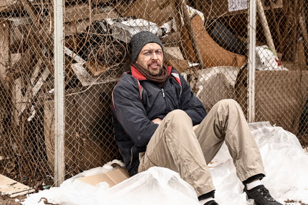 Poor homeless man outdoors on winter dayの写真素材