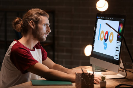 Handsome man using computer at home late in the eveningの写真素材