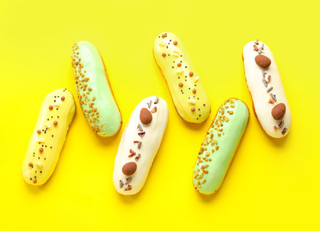 Various glazed eclairs on yellow backgroundの写真素材