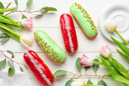 Delicious glazed eclairs and tulips on white wooden table